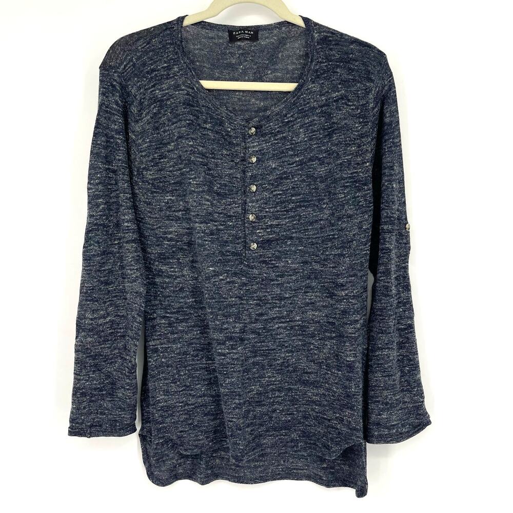 Zara Man Blue Knit Henley Top Small‎ Long Sleeves